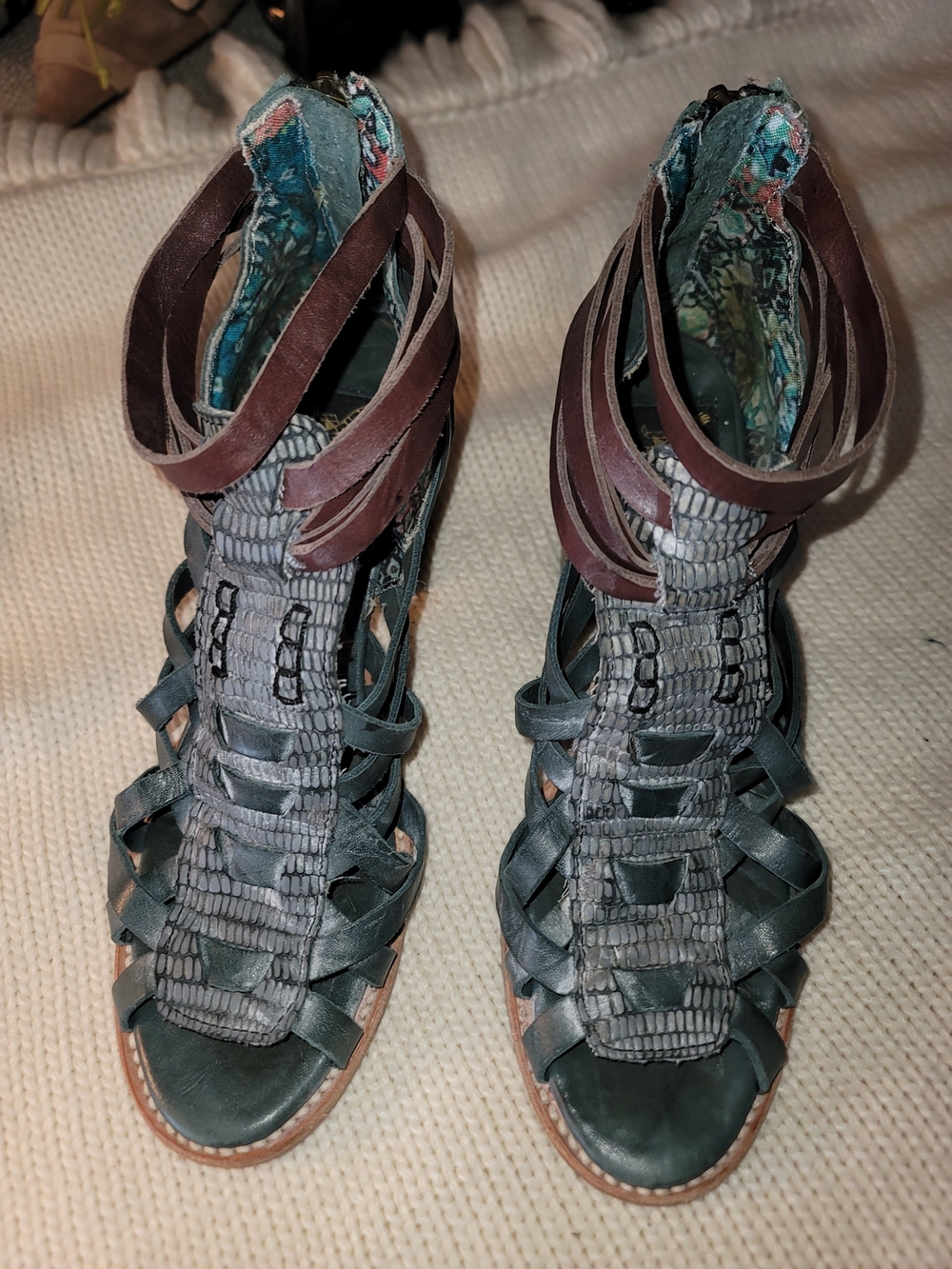 Freebird Woven Leather Strappy Heel Sandals in Teal and Brown